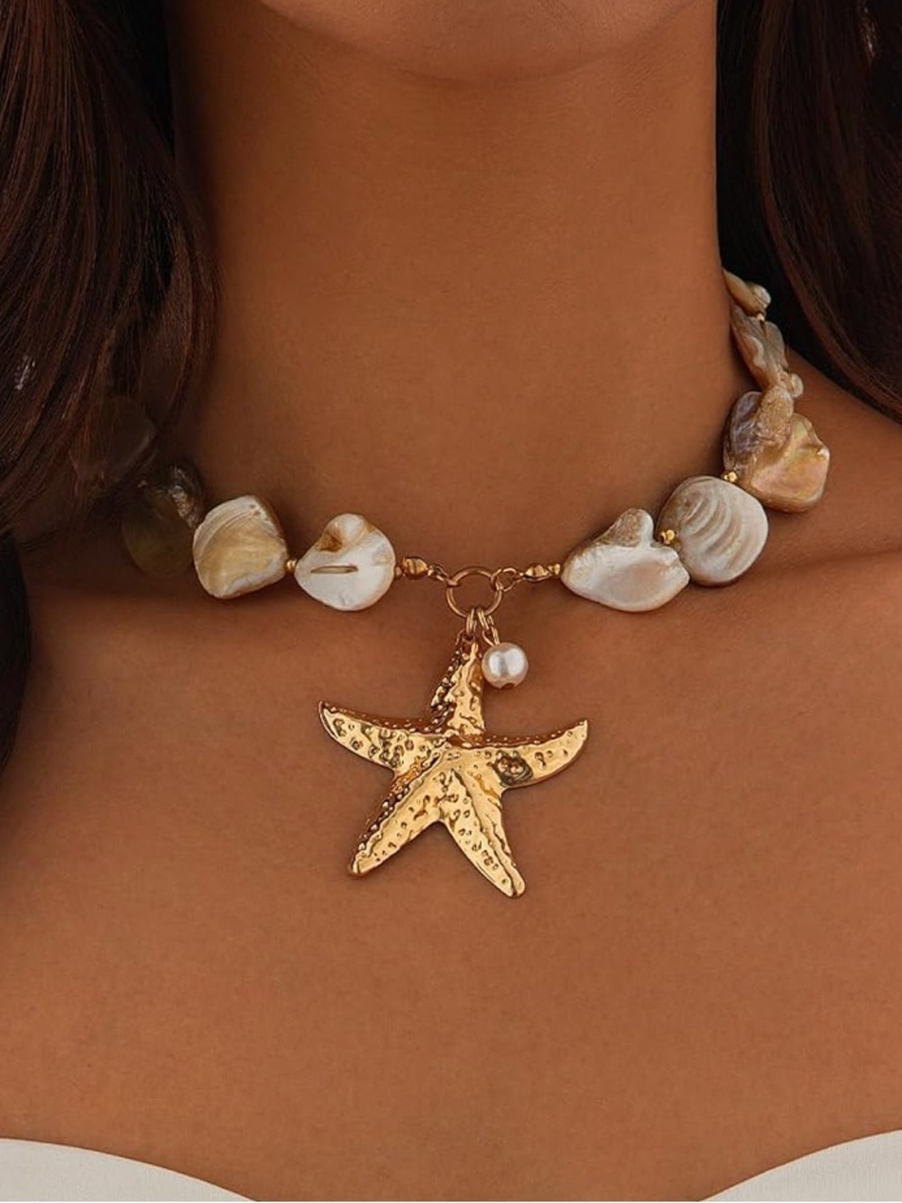Gold Starfish Pendant Pearl Bead Choker Necklace